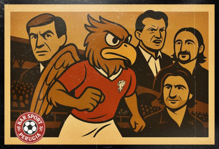 Perugia Tedesco arriva in panchina con Riccardo Gaucci e Walther Novellino vignetta