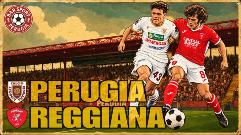 Perugia Reggiana, duello tra un calciatore del Perugia e uno della Reggiana