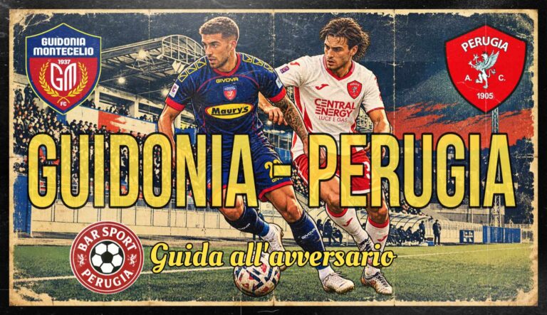 Guidonia Perugia: illustrazione vintage di due calciatori del Guidonia e del Perugia in duello, con lo stadio Città dell'Aria sullo sfondo.