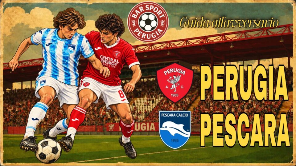 Perugia Pescara. Illustrazione vintage di due calciatori di Perugia e Pescara in duello per il pallone