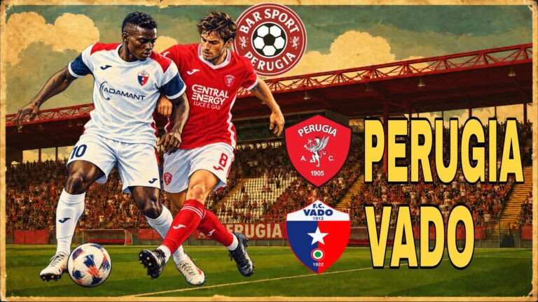 Illustrazione vintage di due calciatori di Perugia e Vado in duello, con gli stemmi delle squadre.